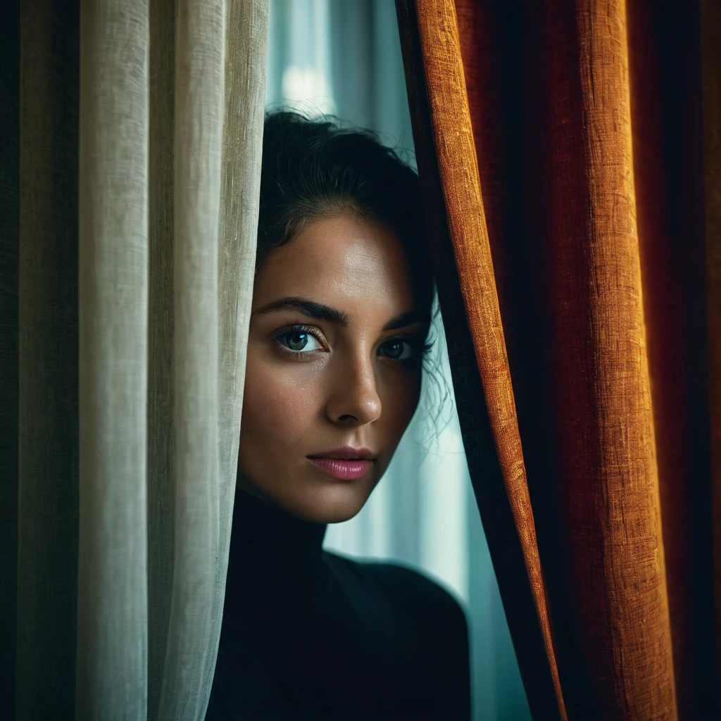 RAW photo, woman peeking from behind curtains, colorful details, award winning, high detailed, 8k, natural lighting, analog film, detailed skin, amazing composition, intricate details, subsurface scattering, velus hairs, amazing textures, filmic, chiaroscuro, soft light