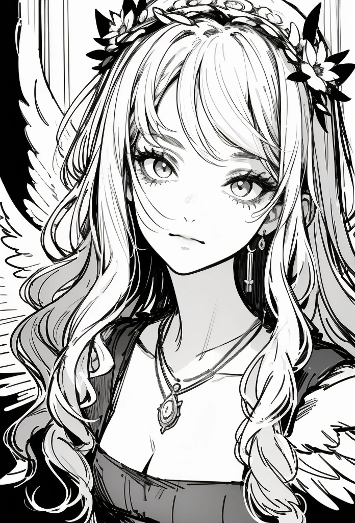 Aphrodite, black and white only no color, outline only, cowboyshot, wearing a dress and have a flower crown, long wavy hair, curtain bangs, necklace, looks like an angel girl kind, innocent face, looking at the viewer, detailed eyes, gorgeous face, detailed face, flower on the hair, flower on the dress, earings, wings