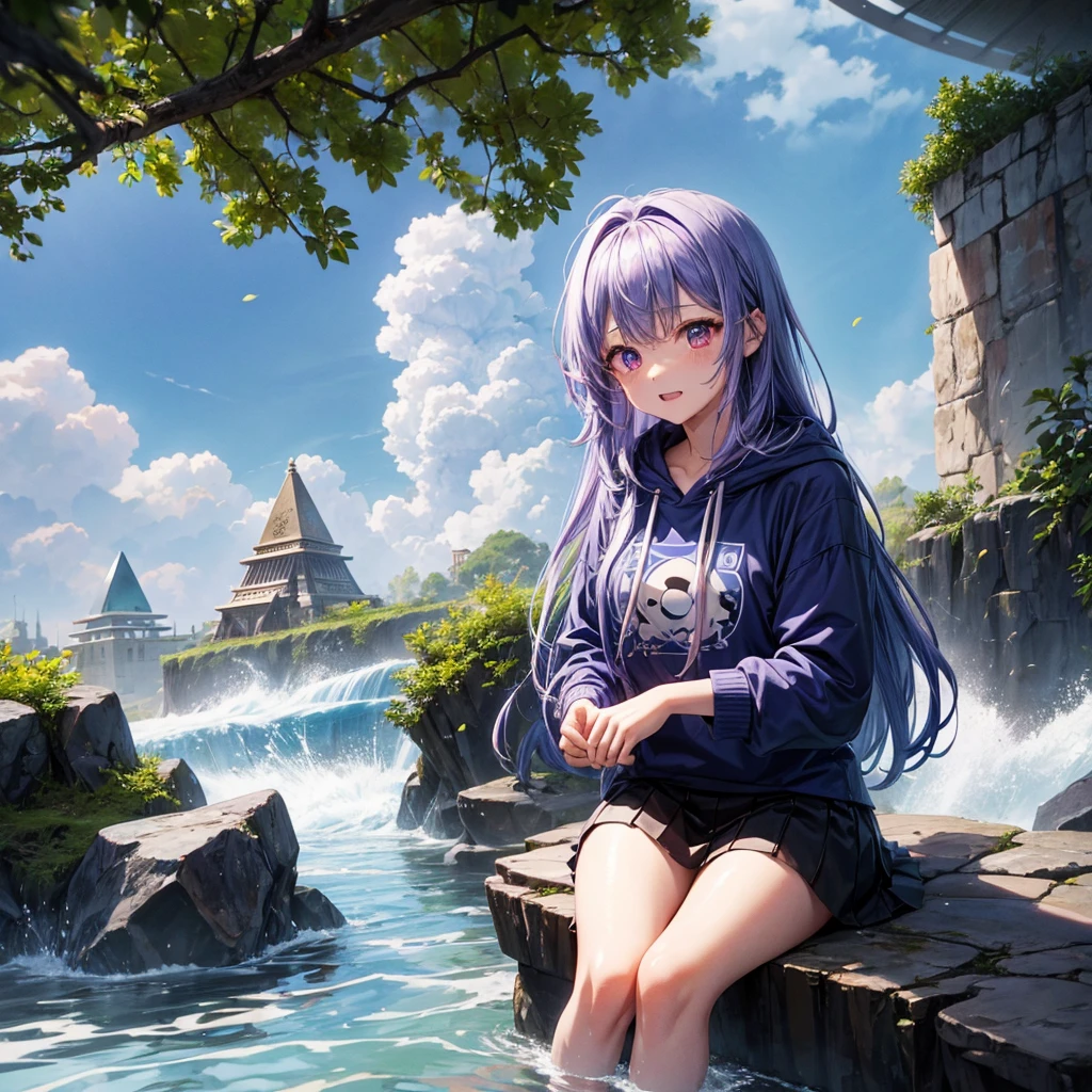 Blue-light purple hair、Red eyes、One cute girl、solo、And soul、Light clothing、Checked mini skirt、petal、Wet hair、Sitting on a stump、black t-shirts、Rabbit Hoodie、Has a button、large tree、cloud、Red full moon、desert、barefoot、Stones are piled up、Teeth are visible、Secret Treasure、Wooden chair、Fortress City、water is gushing out、Tilting face、Hands together、pyramid、Golden Bell