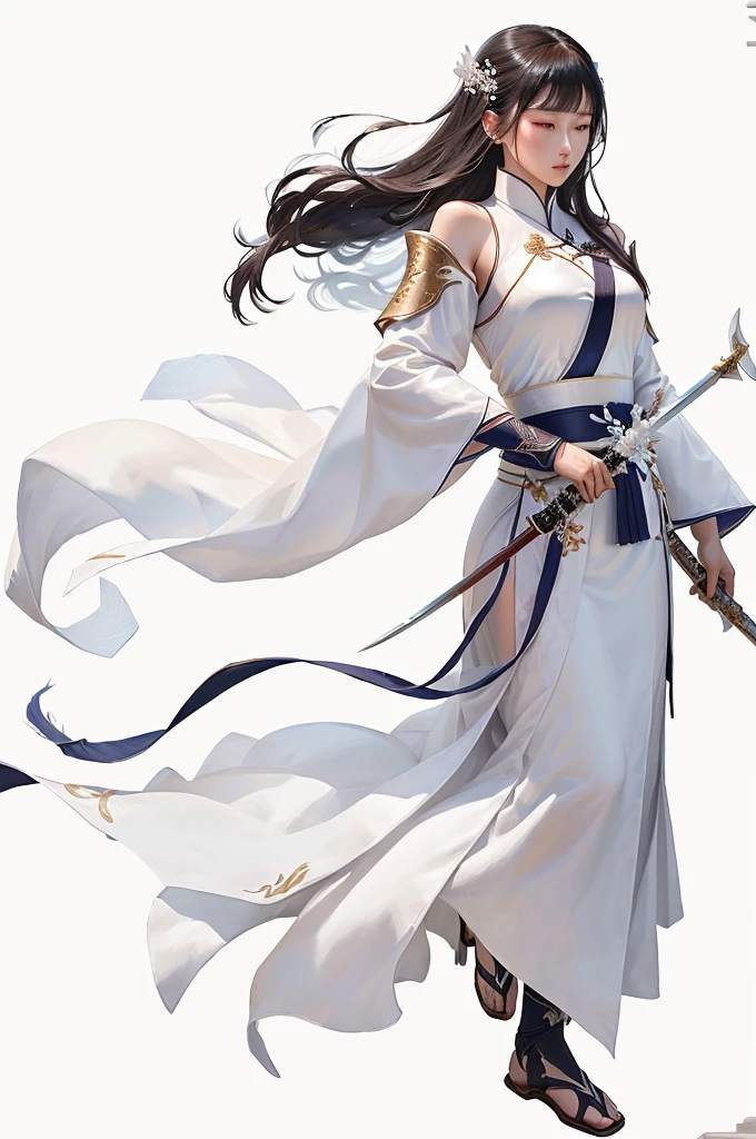 Close-up：Woman in white dress holding a sword, flowing white robe, author：Yang J, Full body martial arts, Dai Jin, Zhou Fang, author：Cold plum, author：Yang Jin, by Liang Kai, White Hanfu, author曾静, Onmyoji detailed art, heise jinyao, by Qu Leilei