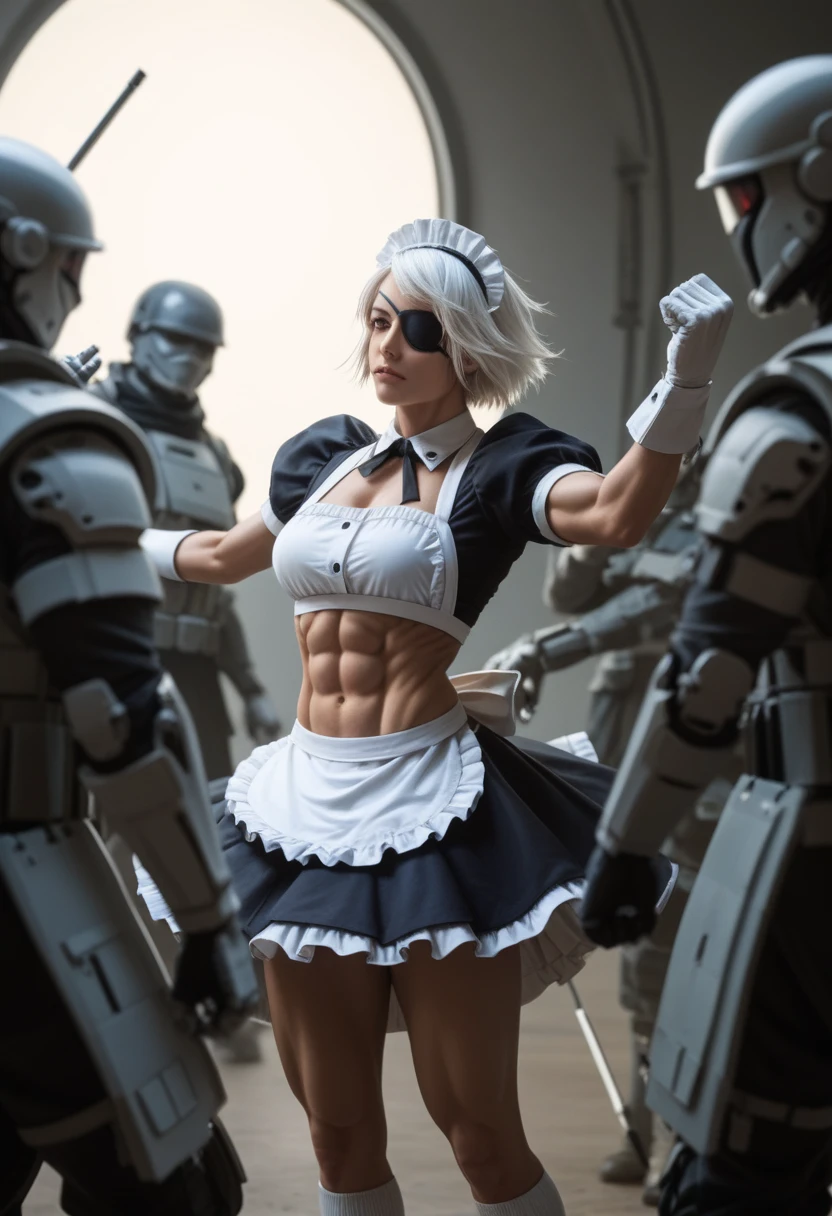 score_9, score_8_up, score_8_up, Beautiful female cyborg soldier wearing maid clothes、Short white hair、muscular、Six Pack Abs、(Frillini skirt、Maid clothes:1.9)、Facial blemishes、Eye patch、(Engage in a gunfight with space gangsters:1.5)、Smirking expression、Dynamic configuration、detailed、Photorealistic、8k、High resolution、Super detailed、Cinematic lighting、Dramatic colors、sf、Concept Art