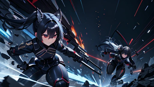 Iai Slash,独奏,black suits,sunglasses,twintail,black hair,masterpiece,best quality,super detailed,super fine illustration,8k,dynamic angle,battle scene,in dark room,detailed background,Break she is running forward.