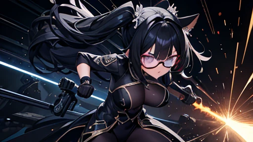 Iai Slash,独奏,black suits,sunglasses,twintail,black hair,masterpiece,best quality,super detailed,super fine illustration,8k,dynamic angle,battle scene,in dark room,detailed background,Break she is running forward.