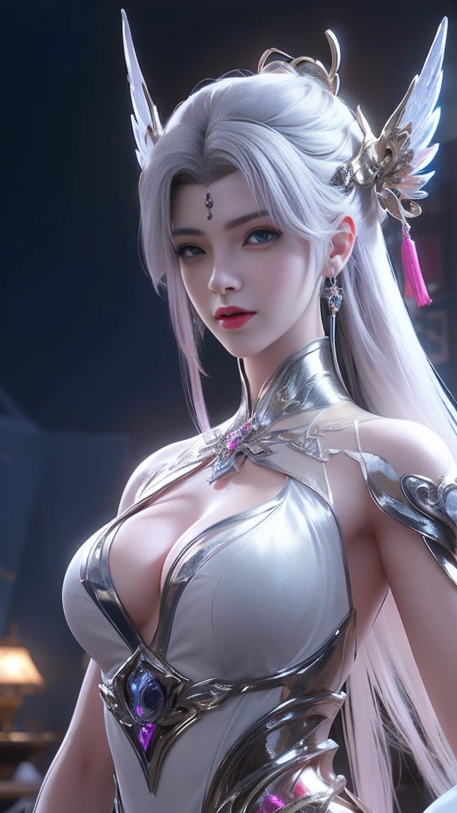 top-quality、masterpiece、超A high resolution、(Photorealsitic:1.4)、Raw photo、Battle Cyborg Angel、large wings made of metal、White porcelain body、Acrylic Clear Cover、white hair、glowy skin、1 Cyborg Girl、((super realistic details))、portlate、globalillumination、Shadow、octan render、8K、ultrasharp、character edge light,Colossal 、Raw skin is exposed in cleavage、Details of complex ornaments、Zeta Gundam details、Hydraulic cylinder、Small LED lamp、highly intricate detail、Realistic light、a purple eye、radiant eyes、Facing the camera、neon details、cowboy shot、Futuristic headgear、About Cyberpunk、、
