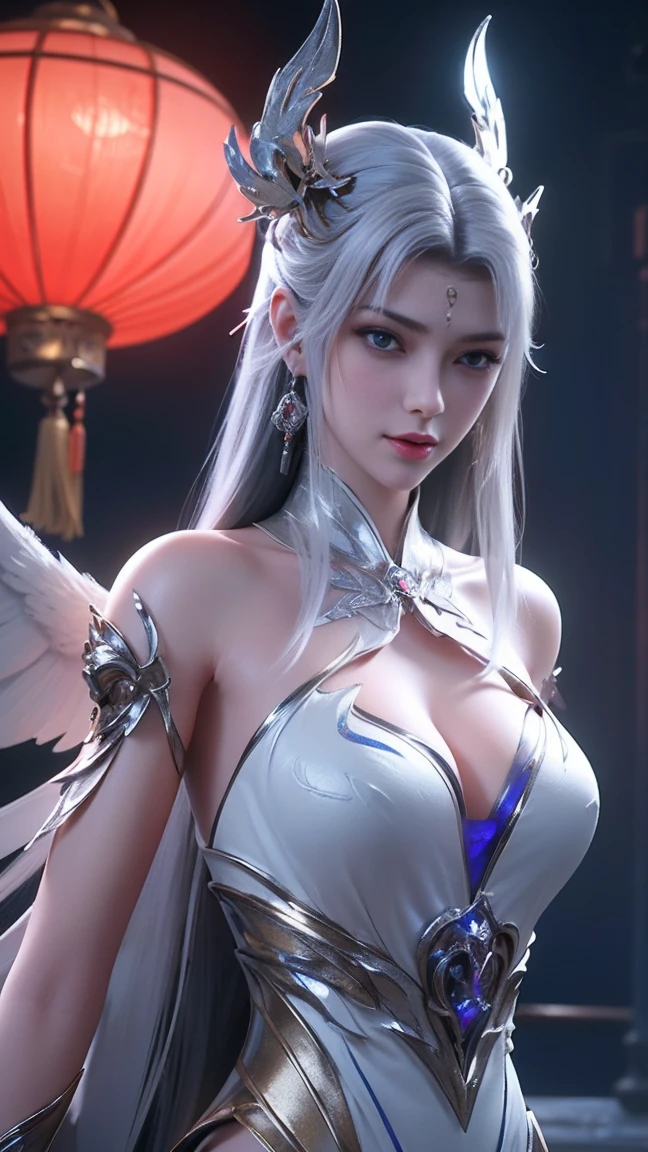 top-quality、masterpiece、超A high resolution、(Photorealsitic:1.4)、Raw photo、Battle Cyborg Angel、large wings made of metal、White porcelain body、Acrylic Clear Cover、white hair、glowy skin、1 Cyborg Girl、((super realistic details))、portlate、globalillumination、Shadow、octan render、8K、ultrasharp、character edge light,Colossal 、Raw skin is exposed in cleavage、Details of complex ornaments、Zeta Gundam details、Hydraulic cylinder、Small LED lamp、highly intricate detail、Realistic light、a purple eye、radiant eyes、Facing the camera、neon details、cowboy shot、Futuristic headgear、About Cyberpunk、、