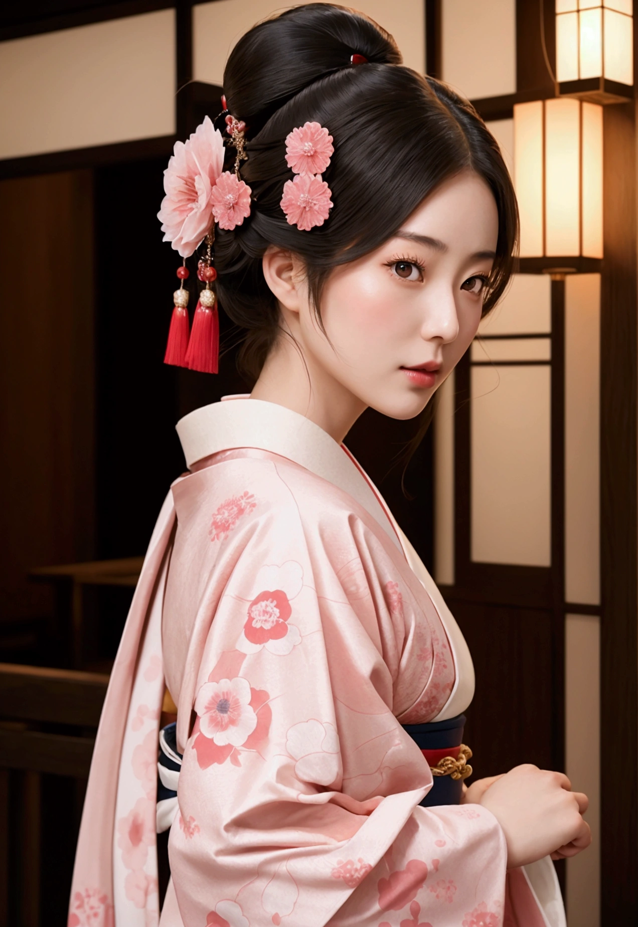 Japanese woman in a traditional pink kimono, 美しいgeishaの写真, Beautiful Japanese hairstyle, geishaの肖像, 美人のgeisha, geisha, Exquisite digital photography, Beautiful character pictures, geishaの肖像, Amazing digital photography, 日本のgeisha, Beautiful Shimada hairstyle, Elegant Japan Woman.