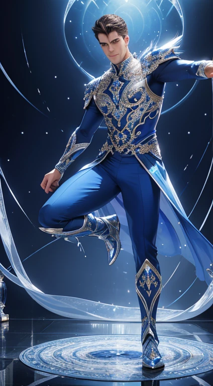full body photorealistic ultra realism high definition aesthetic stabilized diffusion picture of handsome hunky fractal clean shaven Warrior, in blue Sapphire transparent sparkling shiny crystal glass chrome filigree outfit,,look at camera, detailed facial parts,, studio as background, Freestyle Pose, Happy Expression, perfect anatomy, symmetric body,, 18 years old, high detail, a lean athletic body, realistic, human skin, extremely detailed fingers, chad chin,, masculine, human skin, (eyes contact), gorgeous, Attractiveness