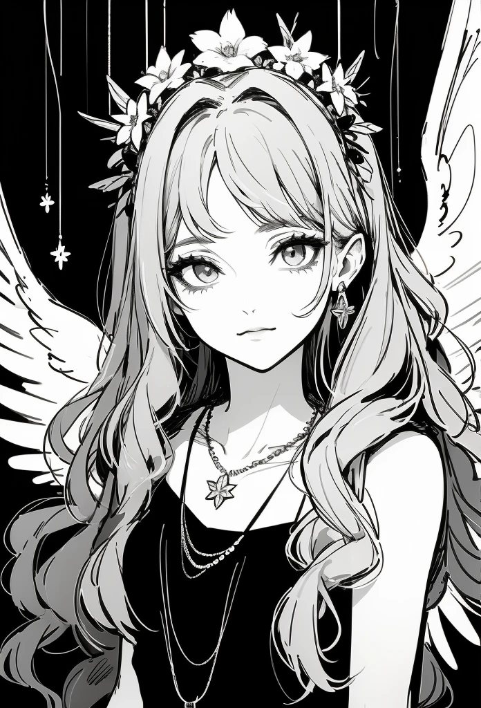 Aphrodite, black and white only no color, outline only, cowboyshot, wearing a dress and have a flower crown, long wavy hair, curtain bangs, necklace, looks like an angel girl kind, innocent face, looking at the viewer, detailed eyes, gorgeous face, detailed face, flower on the hair, flower on the dress, earings, wings, dress with flower