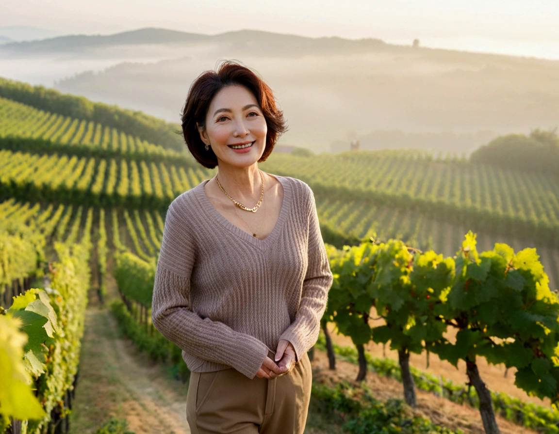 Italy foggy countryside dawn, Endless vineyards, A cathedral can be seen far away in the fog.. Close-up of a Korean woman in her 40s, Wearing a luxury brand slightly thick knit, casual pants, Korean woman with beautiful short medium bob hair, Standing on a path on top of a vineyard hill, Beautiful Korean woman with bright and clear skin, Stunning Korean woman smiling, standing in the vineyard , Cowboy Shot Pose, Gold necklace, 1 woman