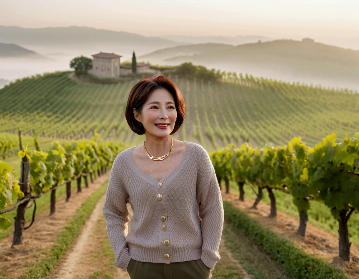 Italy foggy countryside dawn, Endless vineyards, A cathedral can be seen far away in the fog.. Close-up of a Korean woman in her 40s, Wearing a luxury brand slightly thick knit, casual pants, Korean woman with beautiful short medium bob hair, Standing on a path on top of a vineyard hill, Beautiful Korean woman with bright and clear skin, Stunning Korean woman smiling, standing in the vineyard , Cowboy Shot Pose, Gold necklace, 1 woman