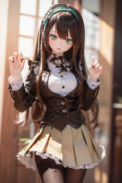 (SFW:2), photorealistic, realistic photo, 8k, ((highest quality)), ((masterpiece)), (extremely detailed), kukolnydom, doll, (mature woman, 21yo, 21 years old, solo:1.6), ((cowboy shot, stylish pose, slim, slender, skinny, medium breasts, hairband, ascot, vest, blouse, long puff sleeves, pleated skirt, black pantyhose)), (green eyes, brown hair, long hair, plastic skin, looking at another, glass eyes, gradient eyes, shining eyes, detailed eyes:1.3)