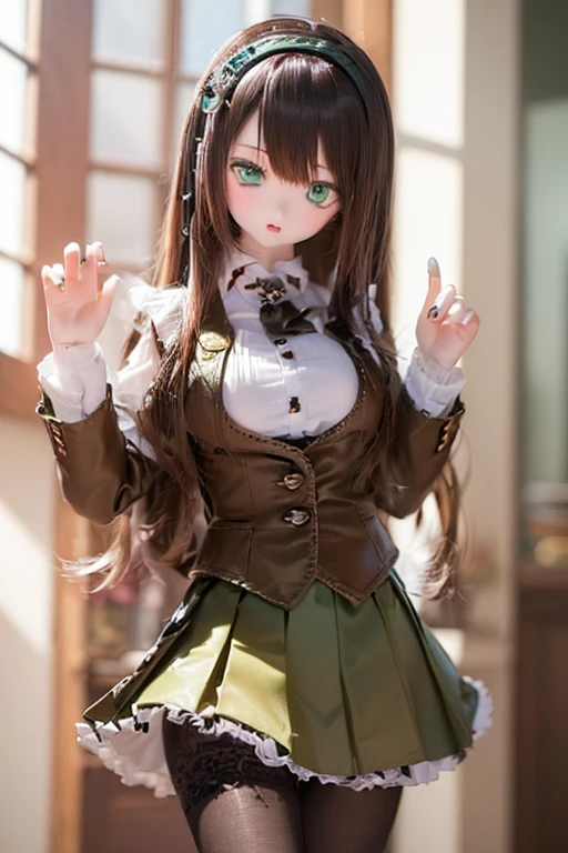 (SFW:2), photorealistic, realistic photo, 8k, ((highest quality)), ((masterpiece)), (extremely detailed), kukolnydom, doll, (mature woman, 21yo, 21 years old, solo:1.6), ((cowboy shot, stylish pose, slim, slender, skinny, medium breasts, hairband, ascot, vest, blouse, long puff sleeves, pleated skirt, black pantyhose)), (green eyes, brown hair, long hair, plastic skin, looking at another, glass eyes, gradient eyes, shining eyes, detailed eyes:1.3)