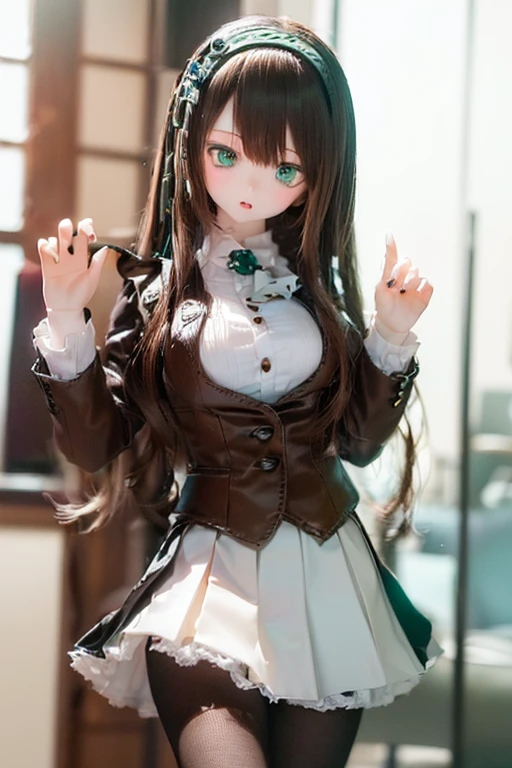 (SFW:2), photorealistic, realistic photo, 8k, ((highest quality)), ((masterpiece)), (extremely detailed), kukolnydom, doll, (mature woman, 21yo, 21 years old, solo:1.6), ((cowboy shot, stylish pose, slim, slender, skinny, medium breasts, hairband, ascot, vest, blouse, long puff sleeves, pleated skirt, black pantyhose)), (green eyes, brown hair, long hair, plastic skin, looking at another, glass eyes, gradient eyes, shining eyes, detailed eyes:1.3)