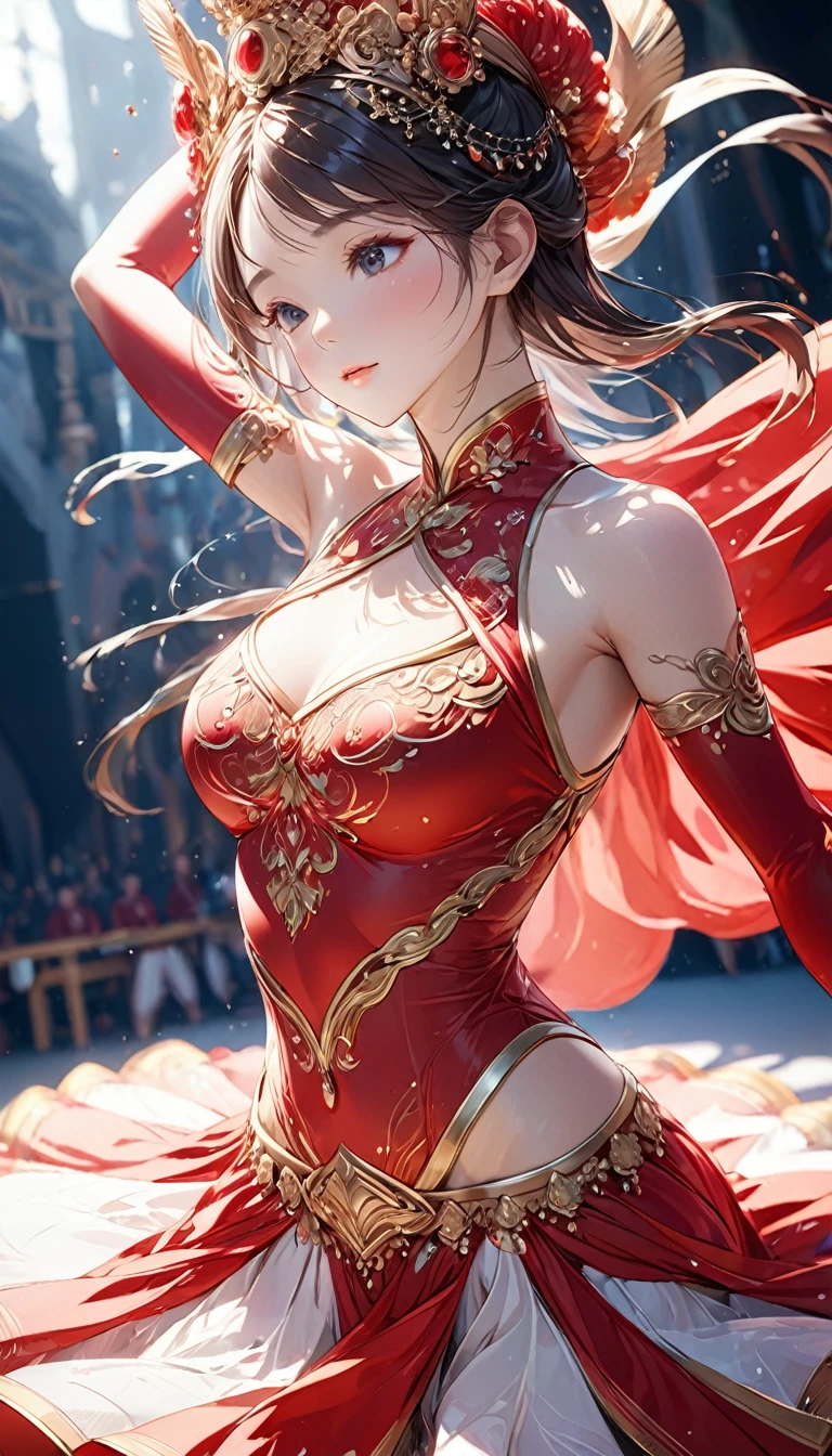 Wearing red classical dance costume.Dancing on the drums.close up.Beautiful and textured foregrounds and backgrounds，detailed, bright, Animation style high definition and high quality presentation((A masterpiece with a resolution of up to 16K):1.6),((soft_color_photography:)1.5), ((Super detailed):1.4),((Typical still images and dynamic angles):1.3), ( perfect anatomy )complex patterns, soft shadows, highly detailed structures, Digital art, high detail, 