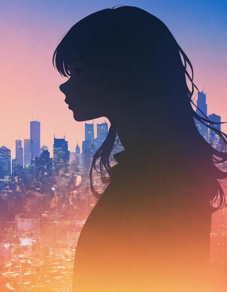Silhouette of a girl, City、大City、close, Double Exposure, The background is a gradation、