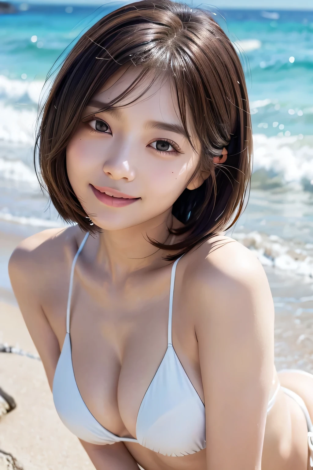 (((A loose, fluffy hairstyle with shoulder-length brown mini bob)))、(((Mediterranean beach background)))、(((Posing like a model at a hair salon)))、(((Wearing a white micro bikini)))、(((very cute Japanese actress))), 18 year old girl、(((large breasts))), Cleavage, ((On all fours))、Looking forward、Light eye makeup、Brown Hair Color、Flat and 、Hair blowing in the wind、Actress Quality、Glossy, ultra-realistic face、Smiling face、Watery eyes、Gazing Up、Subtle lighting effects、 Ultra-Realistic Capture、Very detailed、High resolution 16K close up of human skin。Skin texture must be natural、The details must be such that pores can be clearly seen、The skin is healthy、Uniform tone、Use natural light and colors、High quality images taken by a model agency&#39;s exclusive photographer、A big smile、(((SIGMA 300 mm F/2.8,1/1000 sec shutter,ISO 400))), ((Having fun in the sea)),  dynamic, Shooting at various distances, 
