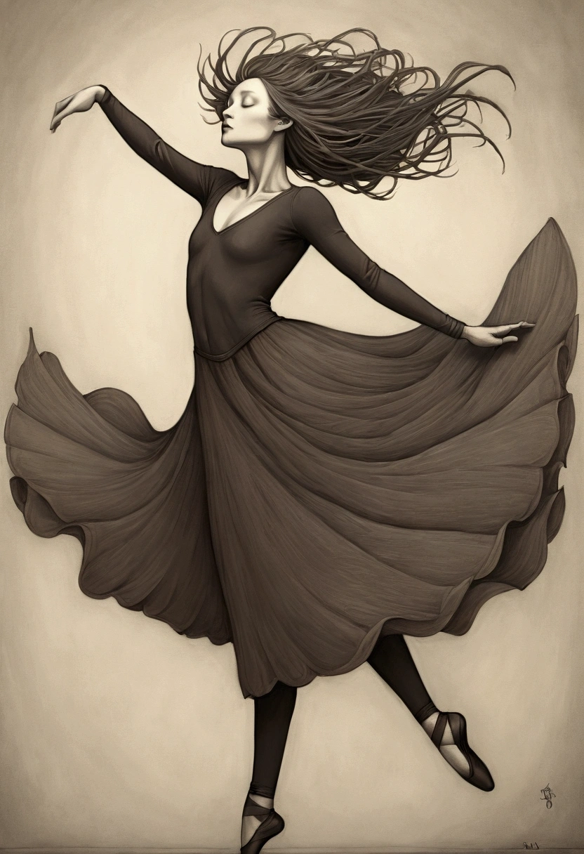 ((Inspired by John Kenn Mortensen)), absurd, high resolution, Extremely detailed, Black and White, (1 Dancer:1.3), Hand Painted, Simple lines, Floating clothes, Flowing hair,Dynamic poses