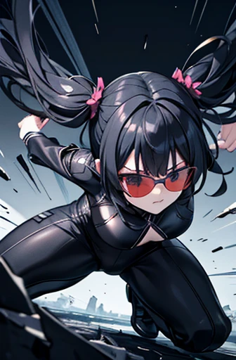 Iai Slash,独奏,black suits,sunglasses,twintail,black hair,masterpiece,best quality,super detailed,super fine illustration,8k,dynamic angle,battle scene,in dark room,detailed background,Break she is running forward.