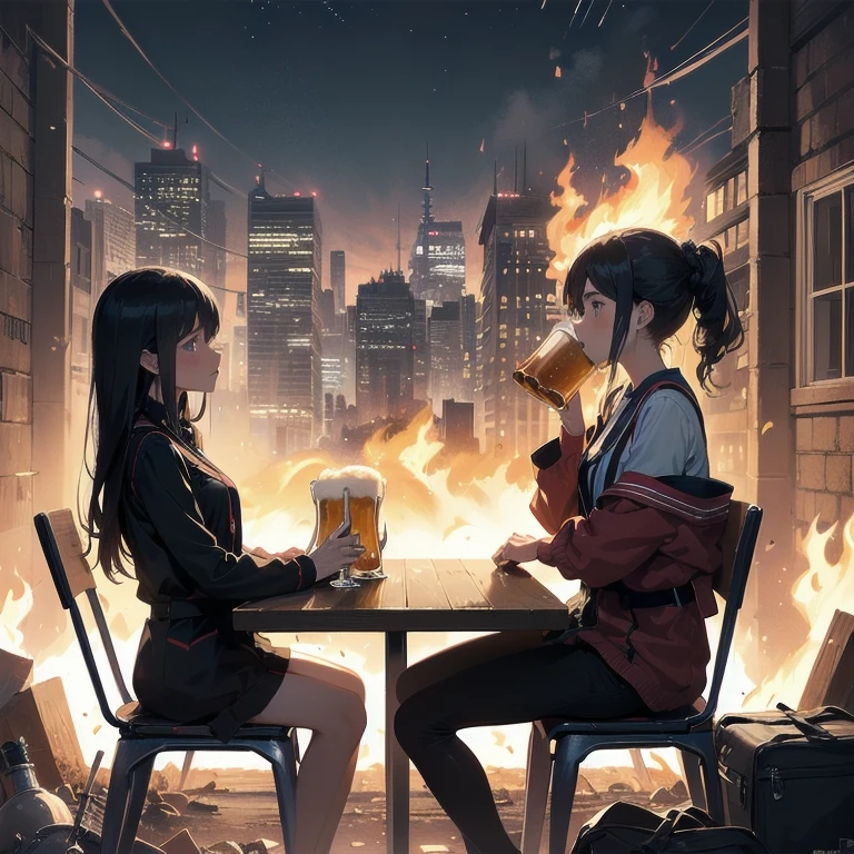 (2girls), alone, lonely, sad, depressing, dark, cinematic, (watching the world burn), apocalypse, world ending, ruined buildings, dynamic shot, madness, glee, disappointment, stand above all, against the odds, desperate prayer, grim fate, cruel hope, death awaits, (high-fantasy), (((drinking beer on a lone chair in the middle of nowhere))), (fire all around), (burning flames all around), cinders, blaze, (gravestones everywhere), ((((one hundred red swords piercing ground)))), metropolis, skyscraper, (cityscape), end of the world, panorama, city exploding, warzone, ((((one girl leaning head on other girls shoulder)))), nonchalant, (((((night))))), ((leaning on each other)), ((huddled up together)), ((sitting side by side))