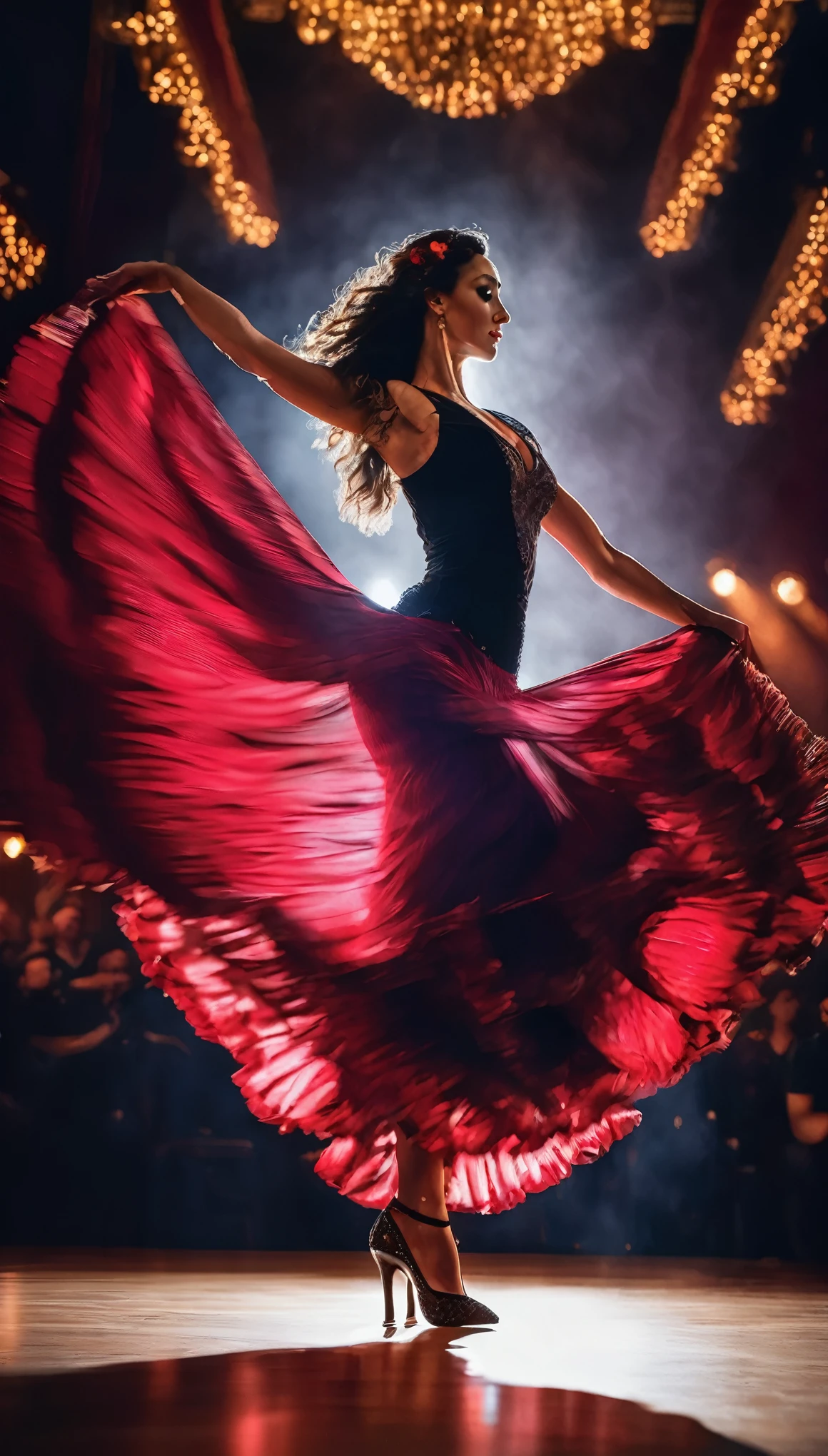 Highest quality, Realistic, photoRealistic, Award-winning photography, (Intricate details: 1.2), (Subtle details), (Intricate details), (Cinematic Light, Super sexy long hair woman, flamenco dancer, dance stage, huge bouncing chests, sexy long legs, dynamic sexy pose, sexy flamenco dancer's dress, long skirt, high heels, , Full body close-up),