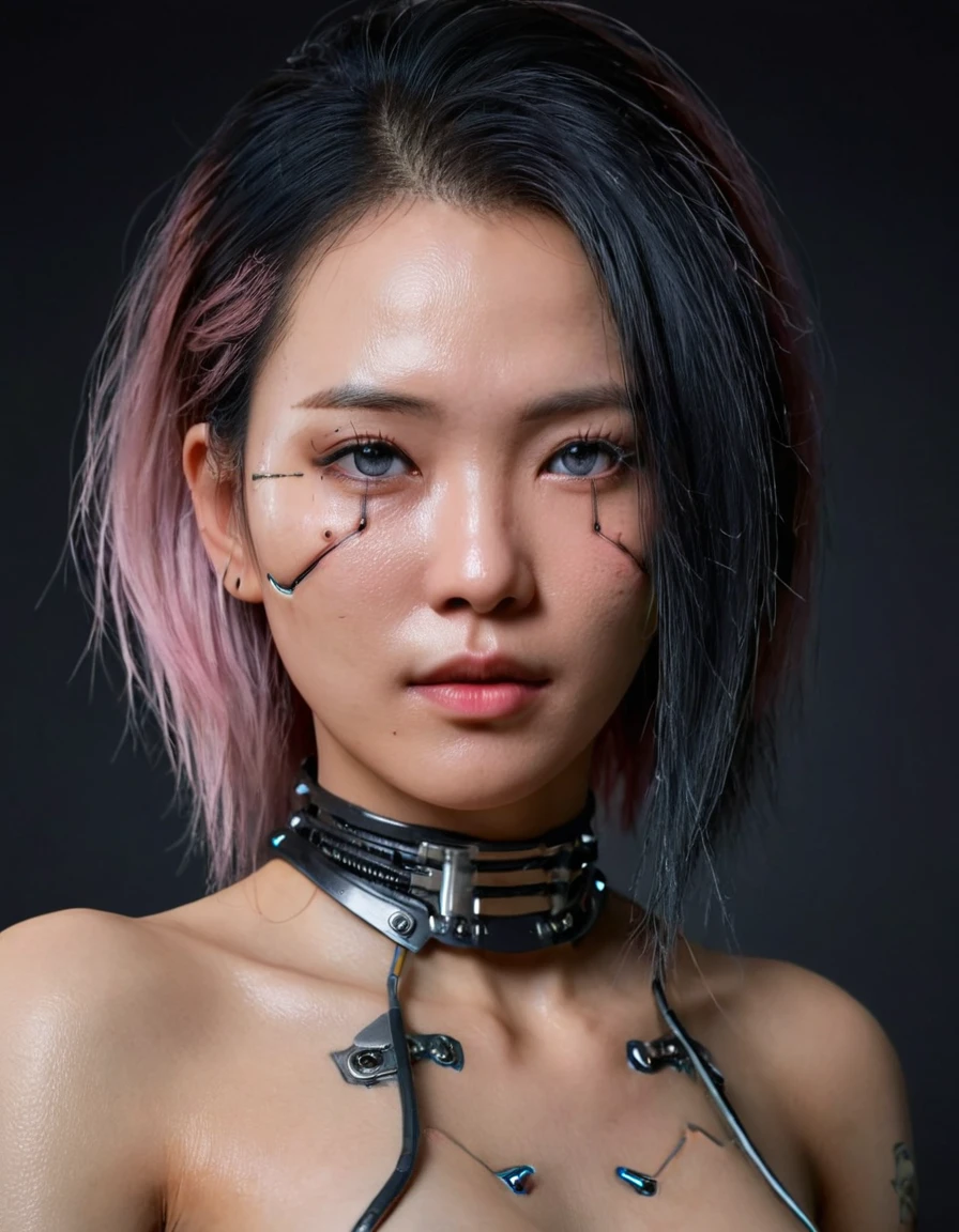 A stunning 4K photo-realistic image of a cyberpunk demi-human girl with an Asian face. Her visage is adorned with intricate machine implants, including a sleek silver visor that covers her eyes, revealing only a small slit for vision. These implants enable advanced sensory input and communication with her cybernetic systems.

Her skin is pale, with visible scars that tell a story of her past battles and a faint line where her flesh meets the cold metal of her implants. The seams are barely noticeable, indicating skilled integration between her organic and mechanical components.

Her hair is black, spiked up in an aggressive yet stylish manner. Small LED lights are integrated into the strands, flickering with various colors to match her mood. The hair is a statement piece, reflecting her rebellious spirit. The overall atmosphere of the image is captivating, photo, her body is embedded with mechanical implants under the skin, cyborg arms,  cyberware lines embedded in her face, , (Photorealsitic)、(intricate detailes:1.2)、(​masterpiece、:1.3)、beauty face, (top-quality:1.4)、(超A high resolution:1.2)、超A high resolution、(A detailed eye)、(detailed facial features), ((Realistic lighting、top-quality、8K、natural light, ​masterpiece:1.3))、bright photo, Clear focus:1.2、1girl in、flawless beauty:1.4、Superfine Face、big Narrow-eyed、double eyelid、photos realistic, perfect eyes, perfect skin, detailed skin, detailed face, looking viewer, front view, potrait, raw photo, simple soft pink background, (intricate detailed skin textured:1.4) front view, looking viewer, clear face, 1 girl、porate、Bright and very beautiful face、beautiful girl, A stunning close-up portrait showcasing the beauty of a Korean model. The composition features soft, natural lighting , bright eyes, and striking cheekbones.