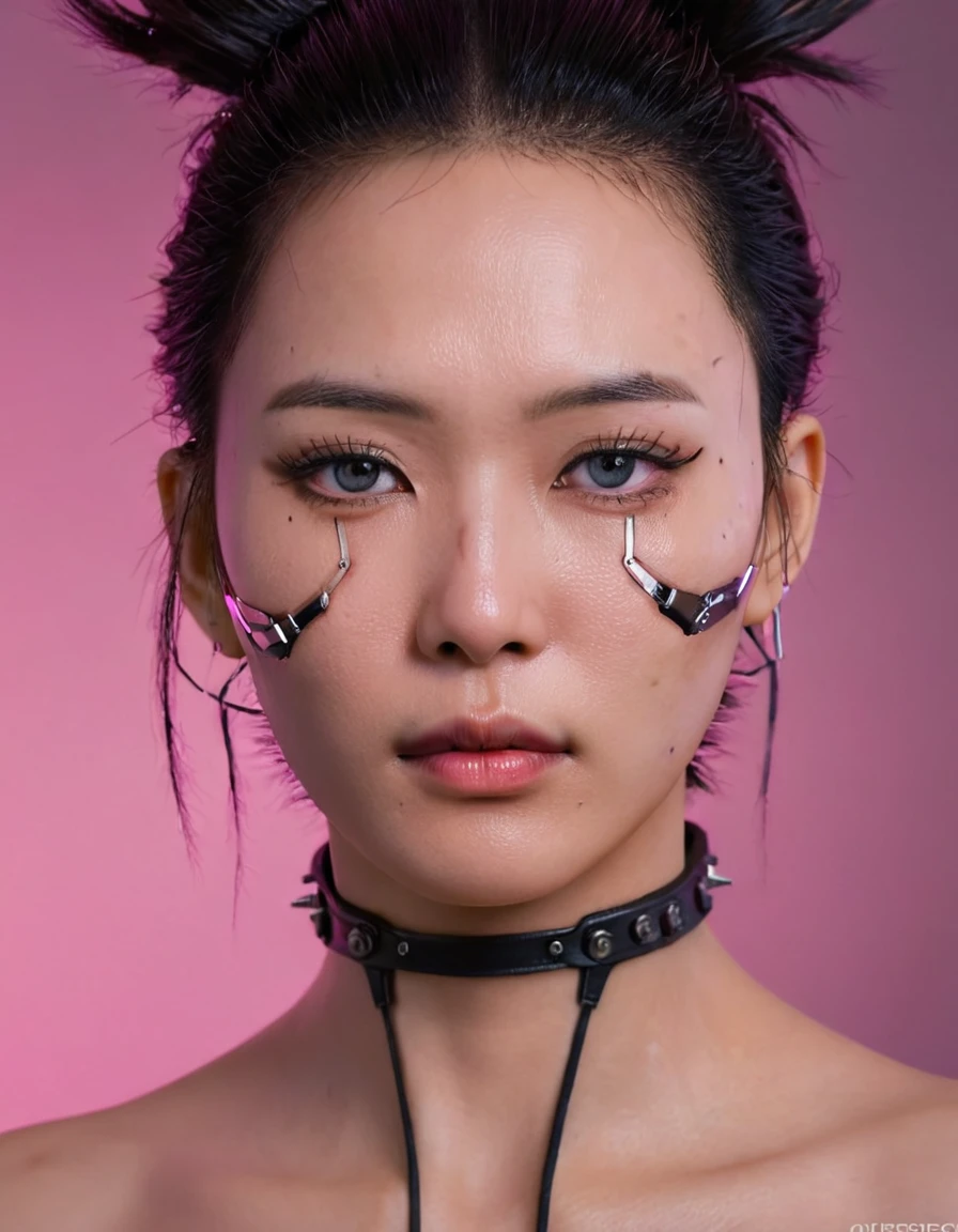 A stunning 4K photo-realistic image of a cyberpunk demi-human girl with an Asian face. Her visage is adorned with intricate machine implants, including a sleek silver visor that covers her eyes, revealing only a small slit for vision. These implants enable advanced sensory input and communication with her cybernetic systems.

Her skin is pale, with visible scars that tell a story of her past battles and a faint line where her flesh meets the cold metal of her implants. The seams are barely noticeable, indicating skilled integration between her organic and mechanical components.

Her hair is black, spiked up in an aggressive yet stylish manner. Small LED lights are integrated into the strands, flickering with various colors to match her mood. The hair is a statement piece, reflecting her rebellious spirit. The overall atmosphere of the image is captivating, photo, her body is embedded with mechanical implants under the skin, cyborg arms,  cyberware lines embedded in her face, , (Photorealsitic)、(intricate detailes:1.2)、(​masterpiece、:1.3)、beauty face, (top-quality:1.4)、(超A high resolution:1.2)、超A high resolution、(A detailed eye)、(detailed facial features), ((Realistic lighting、top-quality、8K、natural light, ​masterpiece:1.3))、bright photo, Clear focus:1.2、1girl in、flawless beauty:1.4、Superfine Face、big Narrow-eyed、double eyelid、photos realistic, perfect eyes, perfect skin, detailed skin, detailed face, looking viewer, front view, potrait, raw photo, simple soft pink background, (intricate detailed skin textured:1.4) front view, looking viewer, clear face, 1 girl、porate、Bright and very beautiful face、beautiful girl, A stunning close-up portrait showcasing the beauty of a Korean model. The composition features soft, natural lighting , bright eyes, and striking cheekbones.