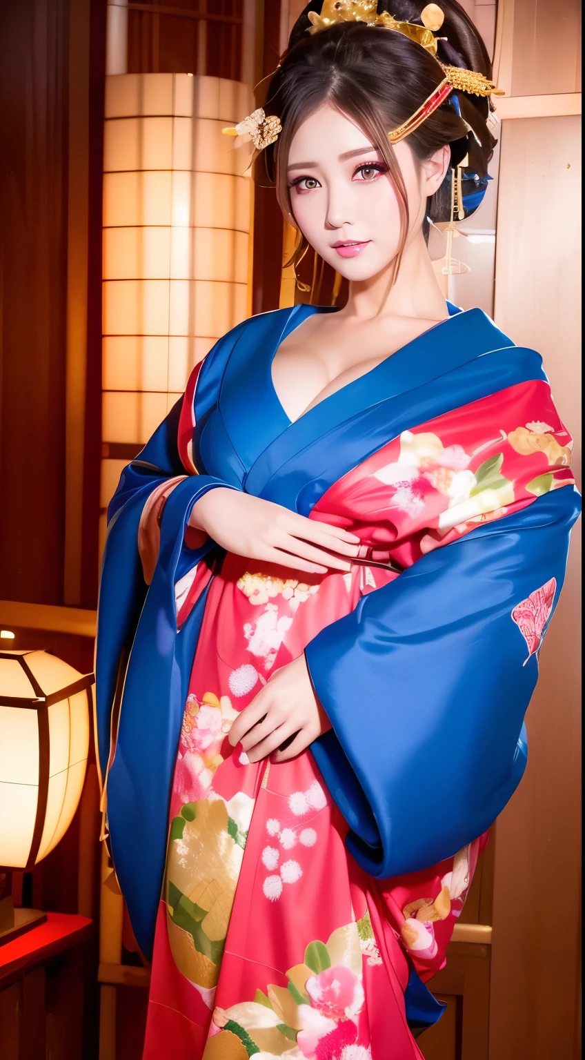 ((masterpiece(:1.4)，Highest quality，Ultra-high resolution，Highest quality，8k，Extremely detailed，In detail))。night，Japanese，(A beautiful woman)，glossy，slim，Large Breasts(1.6)，sexy，glamorous，Golden Ratio Style，Perfect Style，whitening，Flashy gal makeup，Red light district，Bedroom，Oiran，Prostitute，Sunny day outfit，Uchikake，Gold brocade，((A gorgeous kimono))，A cutting board belt tied in front，Hair tying，hairpin，hair ornaments，Gorgeous costumes，Beautiful standing posture，Presence，Exude sex appeal，