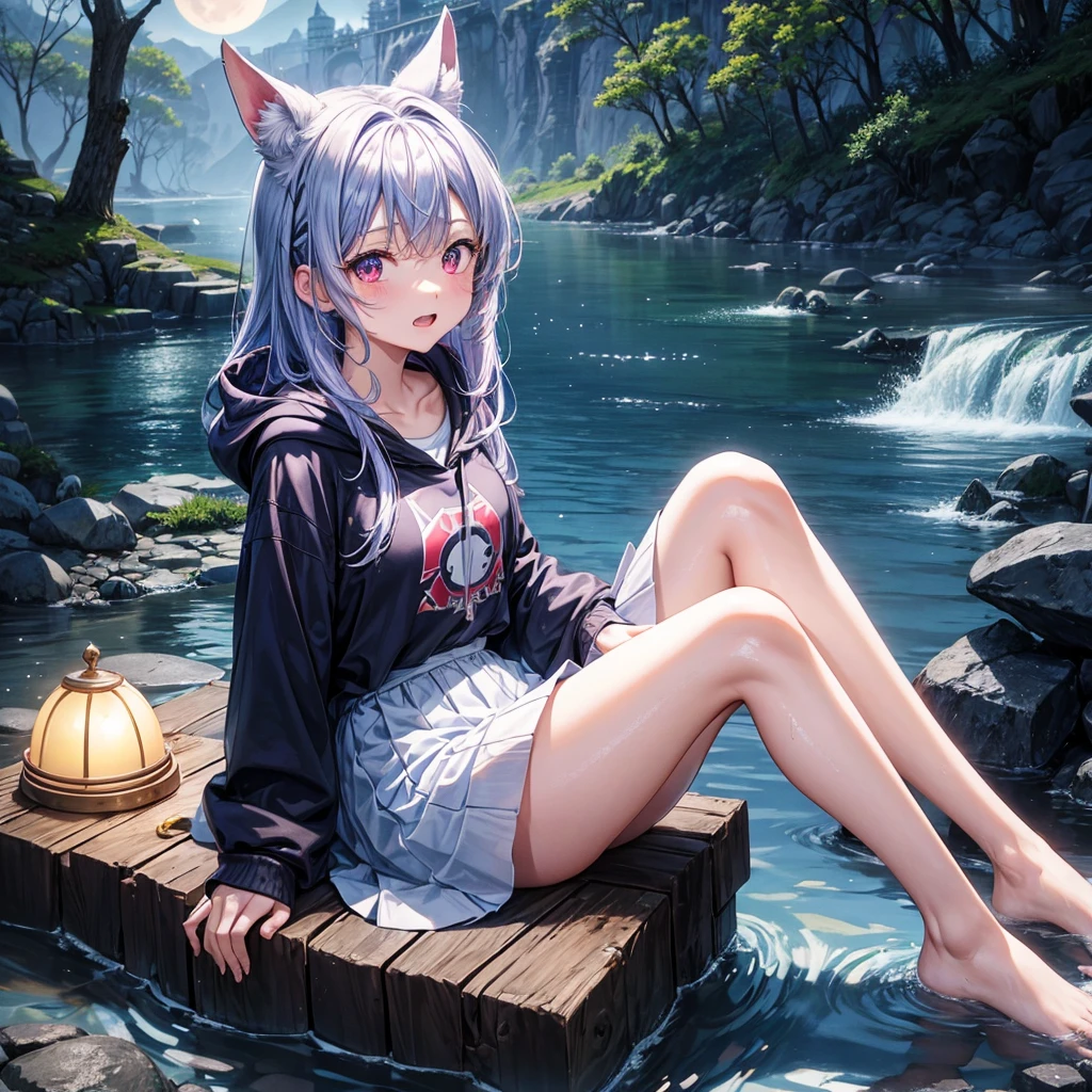 Blue-light purple hair、Red eyes、One cute girl、solo、And soul、Light clothing、Checked mini skirt、petal、Wet hair、Sitting on a stump、black t-shirts、Rabbit Hoodie、Has a button、large tree、cloud、Red full moon、desert、barefoot、Stones are piled up、Teeth are visible、Secret Treasure、Wooden chair、Fortress City、water is gushing out、Tilting face、Hands together、pyramid、Golden Bell