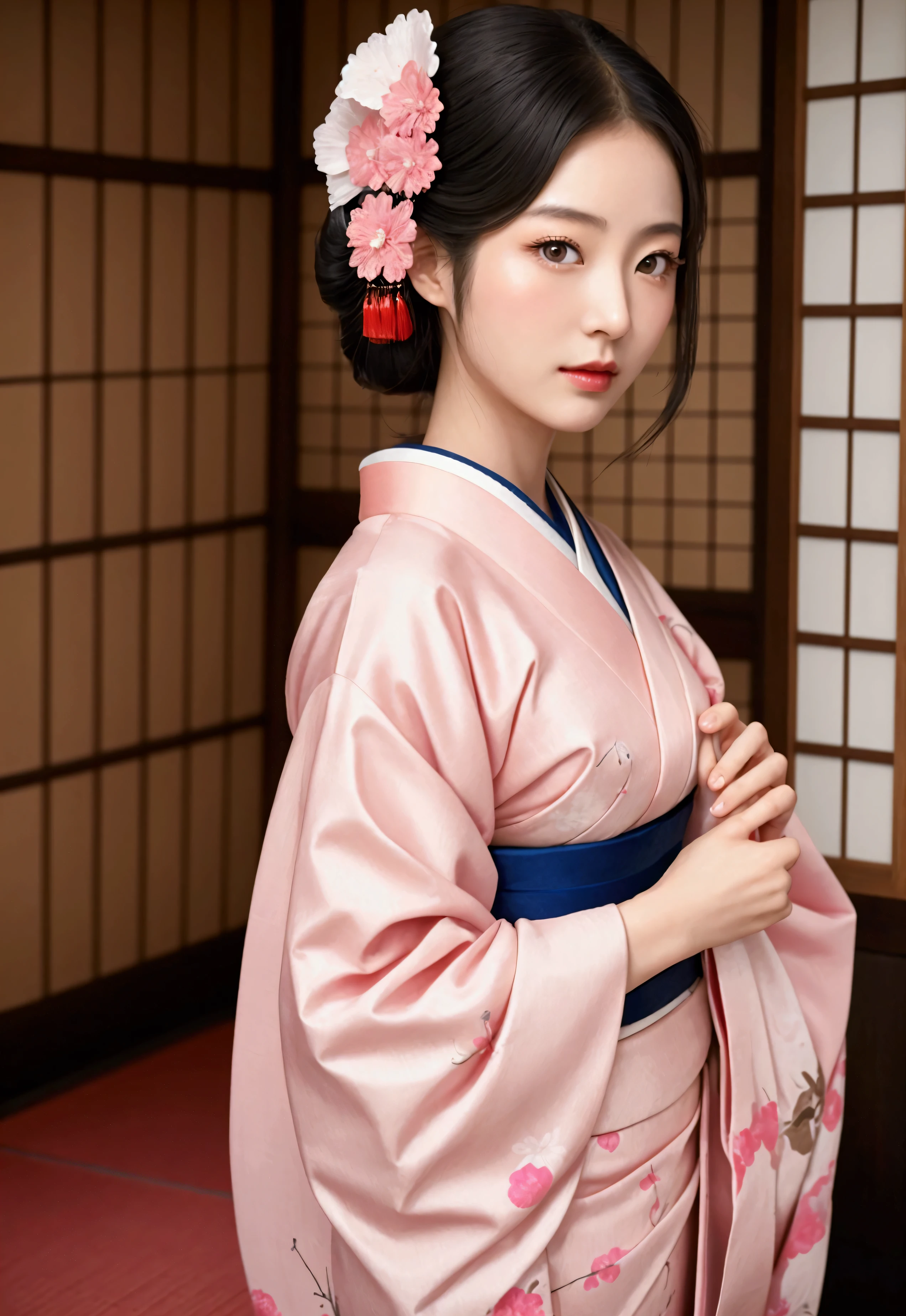 Japanese woman in a traditional pink kimono, Beautiful geisha photos, Beautiful Japanese hairstyle, Portrait of a Geisha, Beautiful geisha, geisha, Exquisite digital photography, Beautiful character pictures, Portrait of a Geisha, Amazing digital photography, Japanese geisha, Beautiful Shimada hairstyle, Elegant Japan Woman.