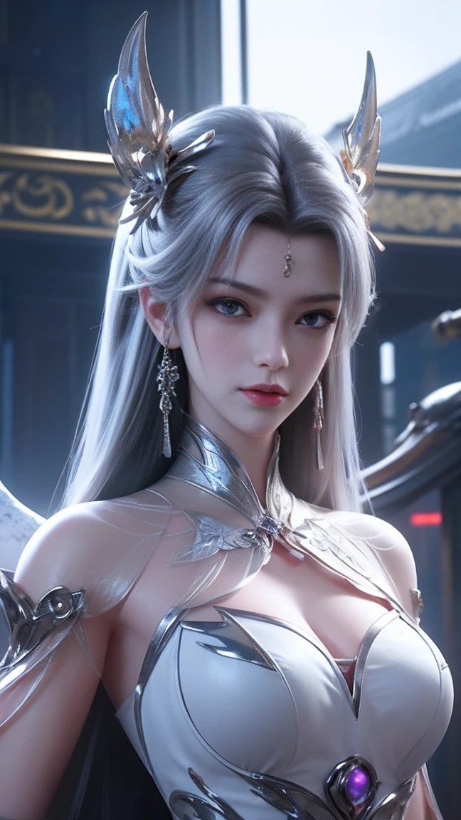 top-quality、​masterpiece、超A high resolution、(Photorealsitic:1.4)、Raw photo、Battle Cyborg Angel、large wings made of metal、White porcelain body、Acrylic Clear Cover、white  hair、glowy skin、1 Cyborg Girl、((super realistic details))、portlate、globalillumination、Shadow、octan render、8K、ultrasharp、character edge light,Colossal 、Raw skin is exposed in cleavage、Details of complex ornaments、Zeta Gundam details、Hydraulic cylinder、Small LED lamp、highly intricate detail、Realistic light、a purple eye、radiant eyes、Facing the camera、neon details、cowboy  shot、Futuristic headgear、About Cyberpunk、、perfect face