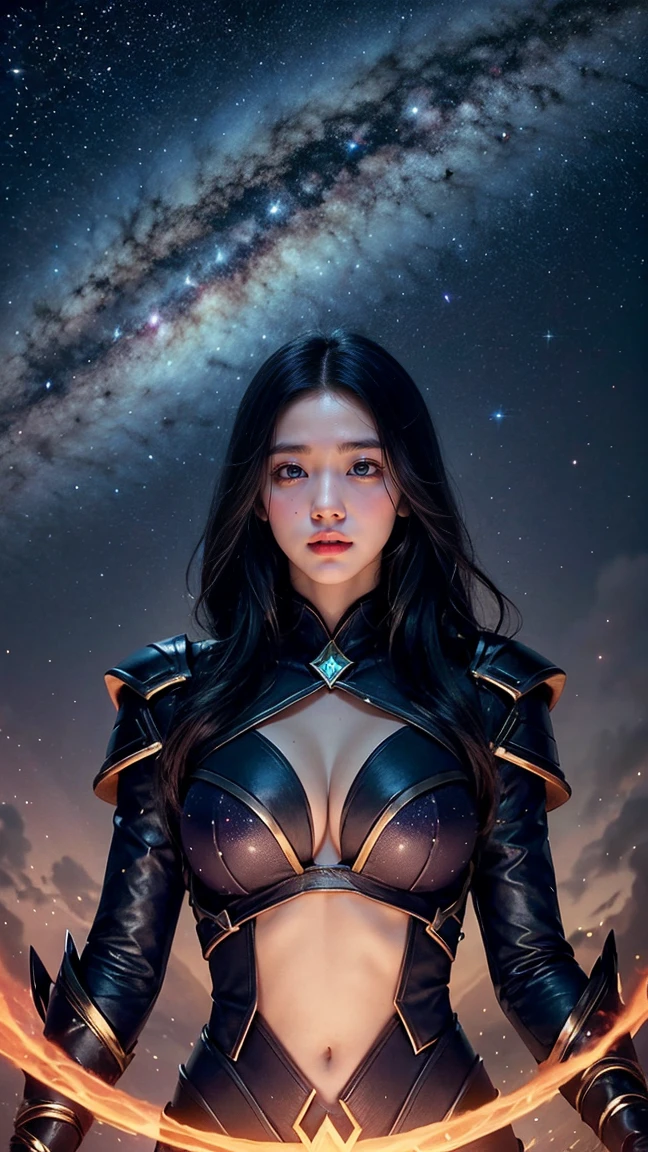 Show Ashe in her Dark Cosmic skin from League of Legends by Riot Games,massive k-cups,She has a celestial, cosmic-themed outfit with dark, starry patterns and a glowing, otherworldly bow. The scene is a vast, starry cosmos with swirling galaxies and distant nebulae.