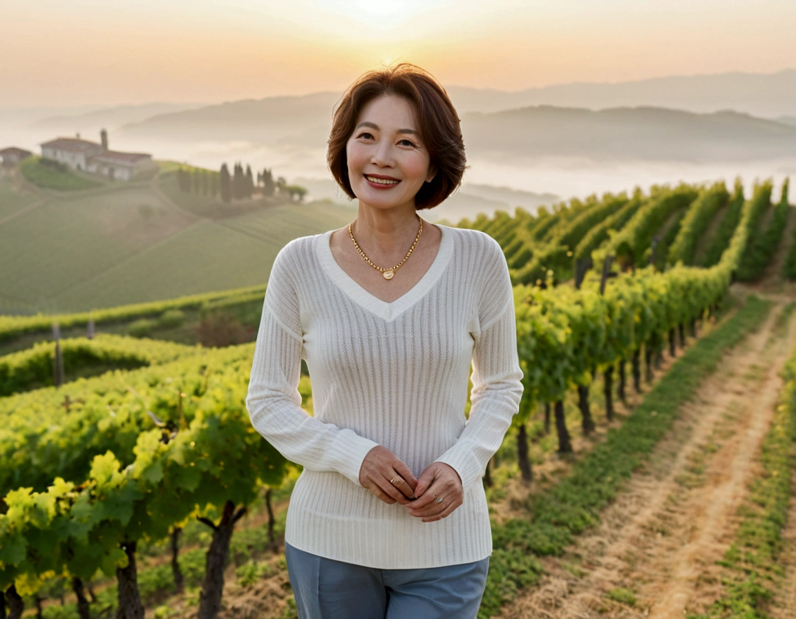 Italy foggy countryside dawn, Endless vineyards, A cathedral can be seen far away in the fog.. Korean woman in her 40s, Wearing a slightly thick knit over a luxury brand white t-shirt, casual pants, Korean woman with beautiful short medium bob hair, Standing on a path on top of a vineyard hill, Beautiful Korean woman with bright and clear skin, Stunning Korean woman smiling, standing in the vineyard , Cowboy Shot Pose, Gold necklace, 1 woman