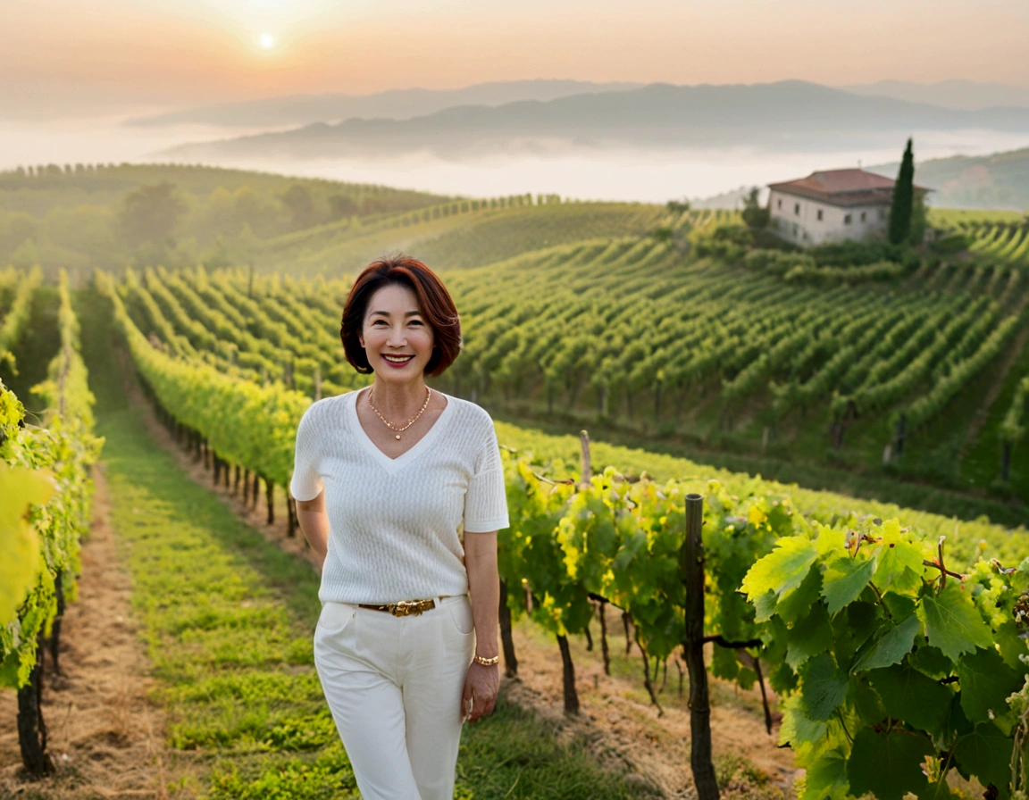 Italy foggy countryside dawn, Endless vineyards, A cathedral can be seen far away in the fog.. Korean woman in her 40s, Wearing a slightly thick knit over a luxury brand white t-shirt, casual pants, Korean woman with beautiful short medium bob hair, Standing on a path on top of a vineyard hill, Beautiful Korean woman with bright and clear skin, Stunning Korean woman smiling, standing in the vineyard , Cowboy Shot Pose, Gold necklace, 1 woman