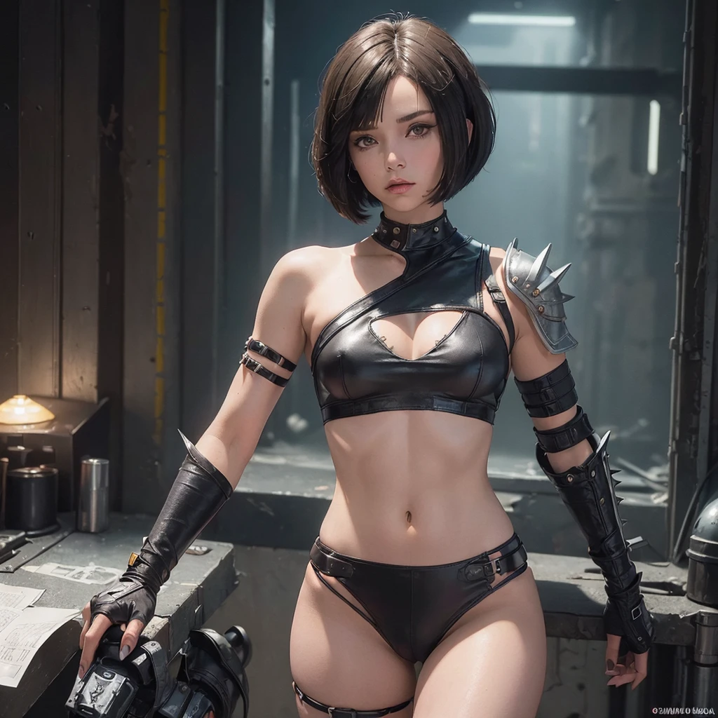 (((woman))), (((better quality))), (((crude work))), (((adult))), (((1 girl))), ((( Bob haircut ))), Uma gladiadora cyberpunk woman de 25 anos com corpo perfeito, shoulder pads with metal spikes, Brooklyn Gladiators, (( Bob haircut )), tiny leather panties, torn Rugby Time T-shirt, nearly naked in Simon Bisley's wild urban style for the cover of Heavy Metal magazine, short blond hair, Minimum clothing, Metal left arm guard with intricate graphics., Dark red with white stars and a white and dark blue checkerboard pattern., armor, full of thorns and rivets, (((from the knee up))), short white blond hair, there's a wall in the background, painted with intricate designs by Shepard Fairey.