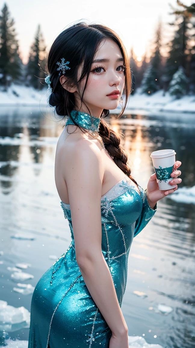 Illustrate Ashe in her Winter's Embrace skin from League of Legends by Riot Games,massive k-cups, She has a sophisticated, ice-themed outfit with elegant snowflake designs and a gracefully adorned bow. The background is a serene, frozen lake with crystal-clear ice and snow-covered trees.