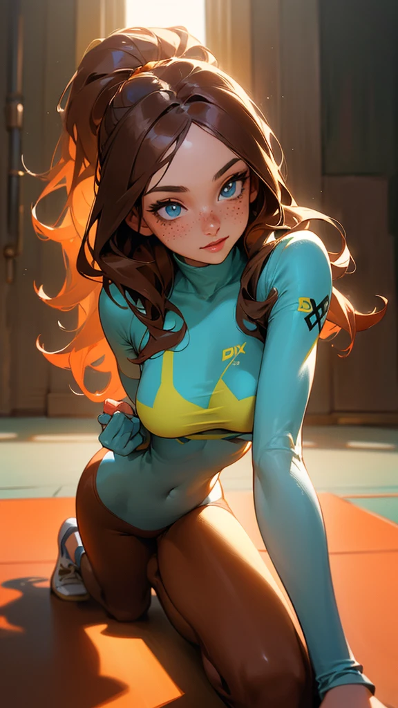 a young woman, slender but muscular, long wavy chestnut brown hair, large bright blue eyes, friendly smile, freckles on face, tight-fitting futuristic clothing, sporty and stylish outfit, doing downward dog yoga pose on yoga mat, warm and loving, confident and supportive, enthusiastic and motivating, playful and flirty, 8k, high quality, realistic, photorealistic, hyper detailed, oil painting, beautiful detailed eyes, beautiful detailed lips, extremely detailed eyes and face, long eyelashes, dynamic pose, studio lighting, vivid colors, warm color tones, natural lighting