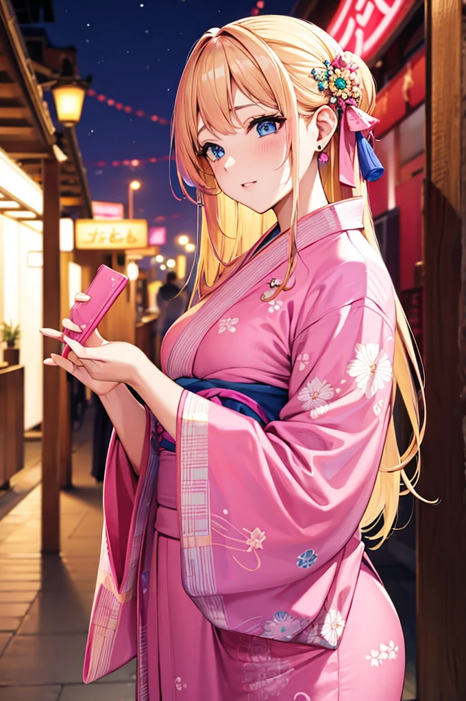 Blonde　long hair　Blue Eyes　Pink hair accessories　Gal　Beauty　Earrings　Pink Yukata　Festival Night