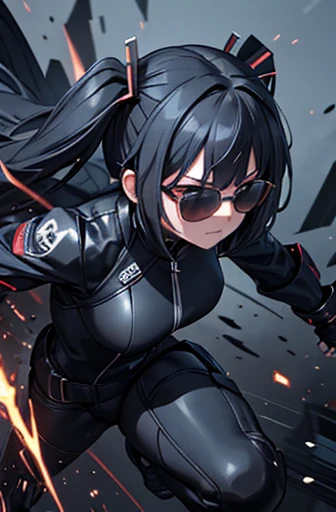 Iai Slash,holding_weapon,独奏,black suits,sunglasses,twintail,black hair,masterpiece,best quality,super detailed,super fine illustration,8k,dynamic angle,battle scene,in dark room,detailed background,Break she is running forward.