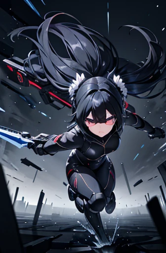 Iai Slash,holding_weapon,独奏,black suits,sunglasses,twintail,black hair,masterpiece,best quality,super detailed,super fine illustration,8k,dynamic angle,battle scene,in dark room,detailed background,Break she is running forward.