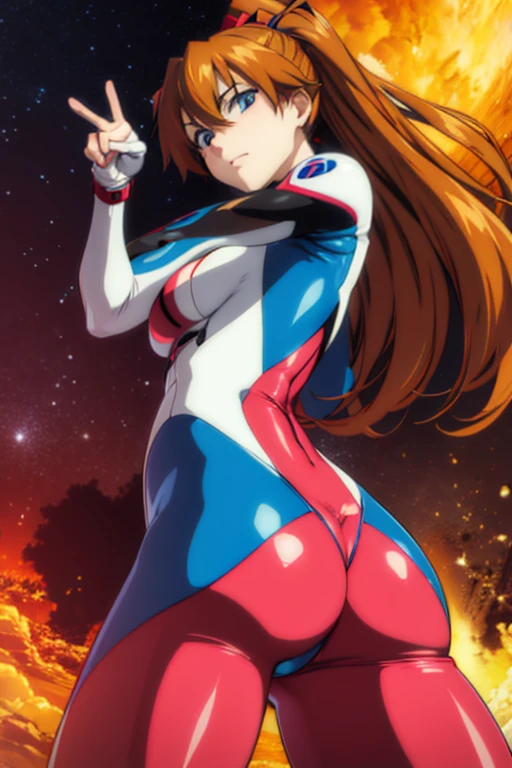 asuka in her tight eva pilot suit pointing her huge, big ass at the viewer while making the peace sign with one of her hands.