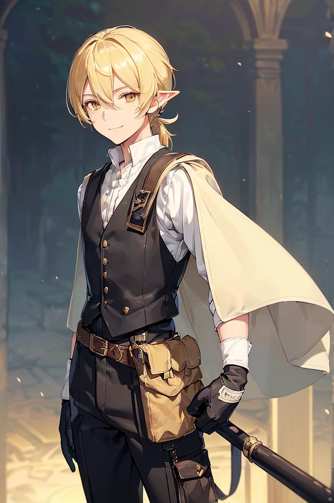 (((masterpiece; best quality: 1.2))), (finely detailed eyes: 1.3), (25 year old elf man), (solo), (yellow eyes: 1.4), (body; toned, fit, masculine: 1.3), (silky blonde hair in low ponytail: 1.3), (beautiful and clear background: 1.2), ((depth of field)), (equipment: adventurer garb + modest + elegant wide-brimmed hunter hat + beige vest + shirt + long black cloak around shoulders + black pants + gloves + belt + pouches: 1.3), (anime illustration: 1.2), (background composition; royal garden: 1.1), (extremely fine and handsome: 1.1), (shot composition; standing + centered on torso + close-up: 1.5), (expression; calm, smile: 1.2)