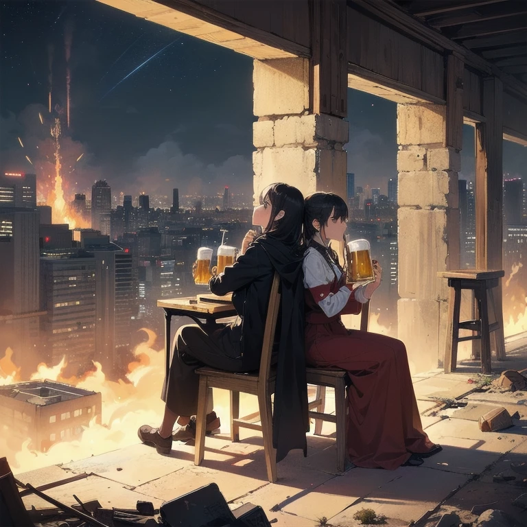 (2girls), alone, lonely, sad, depressing, dark, cinematic, (watching the world burn), apocalypse, world ending, ruined buildings, dynamic shot, madness, glee, disappointment, stand above all, against the odds, desperate prayer, grim fate, cruel hope, death awaits, (high-fantasy), (((drinking beer on a lone chair in the middle of nowhere))), (fire all around), (burning flames all around), cinders, blaze, (gravestones everywhere), ((((one hundred red swords piercing ground)))), metropolis, skyscraper, (cityscape), end of the world, panorama, city exploding, warzone, ((((one girl leaning head on other girls shoulder)))), nonchalant, (((((night))))), ((leaning on each other)), ((huddled up together)), ((sitting side by side))