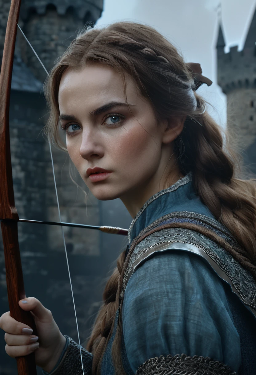 1girl, medieval castle, woman with bow and arrows, detailed facial features, beautiful eyes, detailed skin, detailed hair, adventurous expression, dramatic lighting, cinematic composition, muted color palette, atmospheric fog, (best quality,4k,8k,highres,masterpiece:1.2),ultra-detailed,(realistic,photorealistic,photo-realistic:1.37)