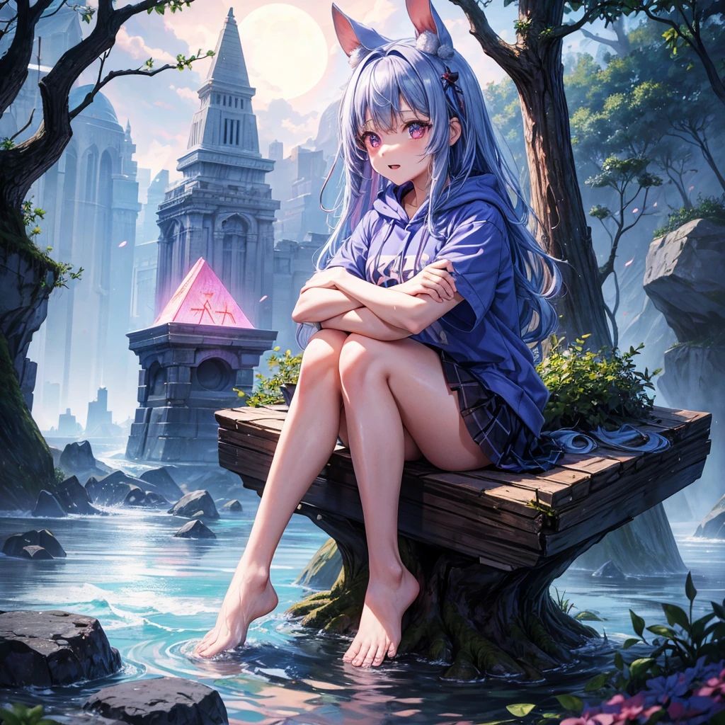 Blue-light purple hair、Red eyes、One cute girl、solo、And soul、Light clothing、Checked mini skirt、petal、Wet hair、Sitting on a stump、black t-shirts、Rabbit Hoodie、Has a button、large tree、cloud、Red full moon、desert、barefoot、Stones are piled up、Teeth are visible、Secret Treasure、Wooden chair、Fortress City、water is gushing out、Tilting face、Hands together、pyramid