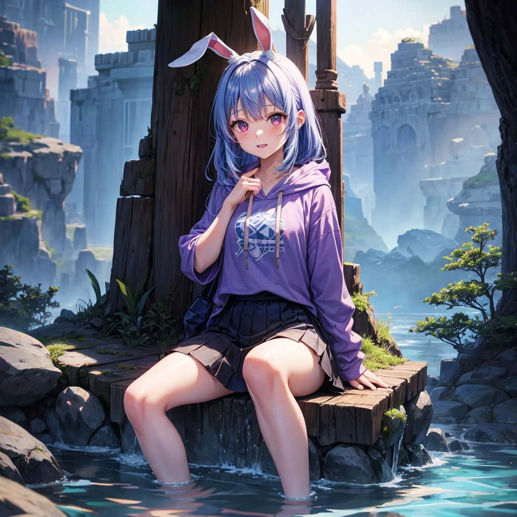 Blue-light purple hair、Red eyes、One cute girl、solo、And soul、Light clothing、Checked mini skirt、petal、Wet hair、Sitting on a stump、black t-shirts、Rabbit Hoodie、Has a button、large tree、cloud、Red full moon、desert、barefoot、Stones are piled up、Teeth are visible、Secret Treasure、Wooden chair、Fortress City、water is gushing out、Tilting face、Hands together、pyramid