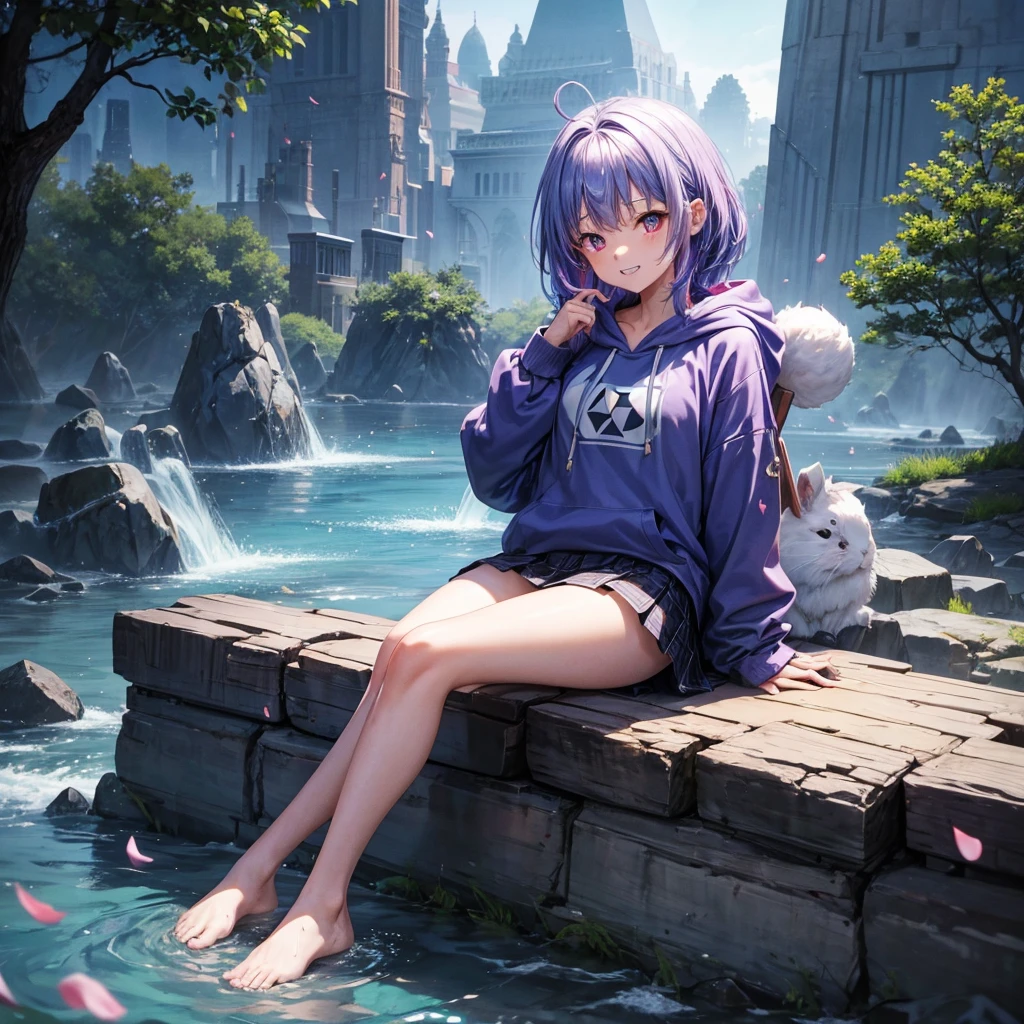 Blue-light purple hair、Red eyes、One cute girl、solo、And soul、Light clothing、Checked mini skirt、petal、Wet hair、Sitting on a stump、black t-shirts、Rabbit Hoodie、Has a button、large tree、cloud、Red full moon、desert、barefoot、Stones are piled up、Teeth are visible、Secret Treasure、Wooden chair、Fortress City、water is gushing out、Tilting face、Hands together、pyramid