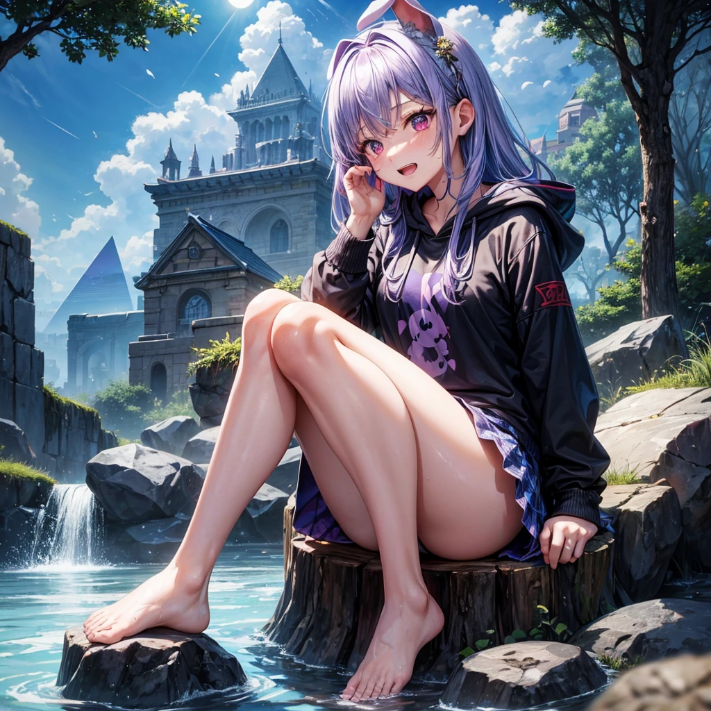 Blue-light purple hair、Red eyes、One cute girl、solo、And soul、Light clothing、Checked mini skirt、petal、Wet hair、Sitting on a stump、black t-shirts、Rabbit Hoodie、Has a button、large tree、cloud、Red full moon、desert、barefoot、Stones are piled up、Teeth are visible、Secret Treasure、Wooden chair、Fortress City、water is gushing out、Tilting face、Hands together、pyramid