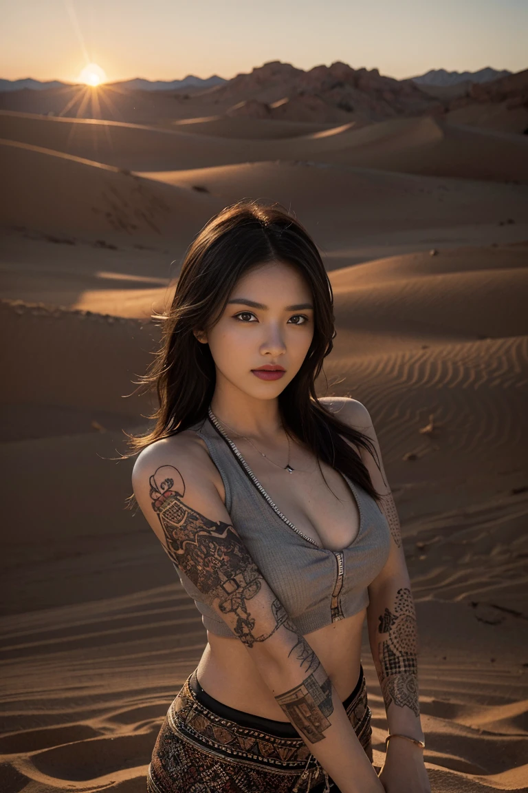 “(Best Quality,4k,High resolution,masterpiece:1.2),ultra detailed,(realist,photorealist,photo-realist:1.37),Portraits,desert, rifle, detailed skin texture, tattoos, dramatic lighting, vibrant colors, arena dunes, intense look, long loose hair, aged wooden stock, intricate engravings, bullet shell, dynamic pose, strong facial features, PENETRATING EYES, desert sunset, Rugged terrain, smoke trails, powerful posture, hard shadows, dust particles, intricate jewelry, tribal patterns