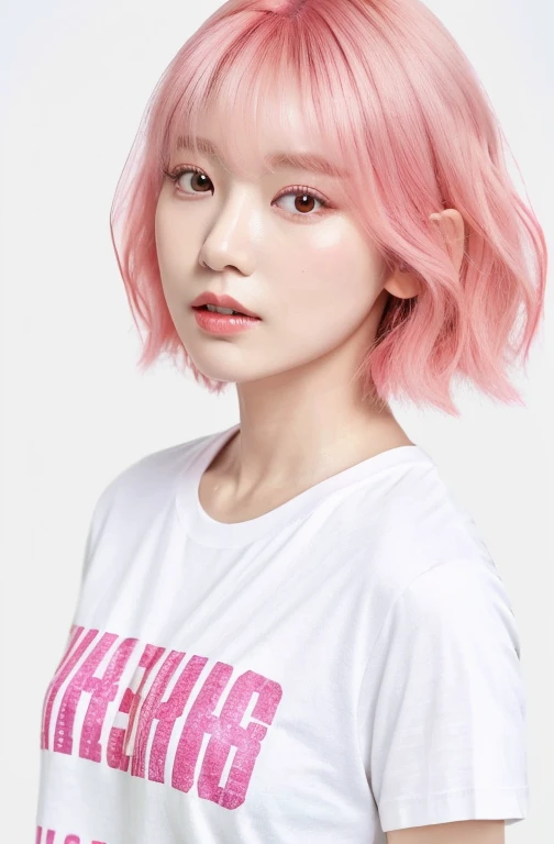 Highest quality、A person wearing a casual T-shirt、Korean fashion influencer、35mm Lens、f/1、Center composition(White background: 1.3)、Drooping eyes、Selphy、Pink Hair、Bob Hair