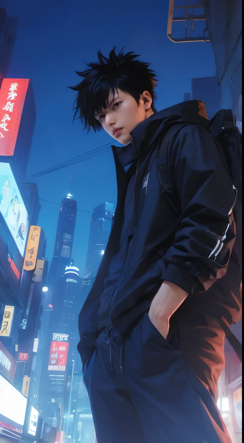 Megumi fushiguro,  jujutsu kaisen, black hair, black jacket, sneaker shoes, modern city background, detailed face, detailed eyes, detailed hand, detailed hair, ultra realistic, ultra detailed, best quality, masterpiece.